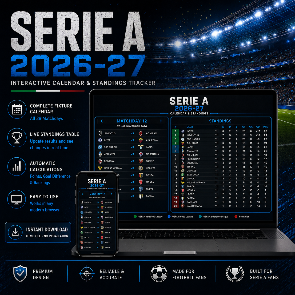 SERIE A Interactive Fixture Calendar & Live Standings Tracker